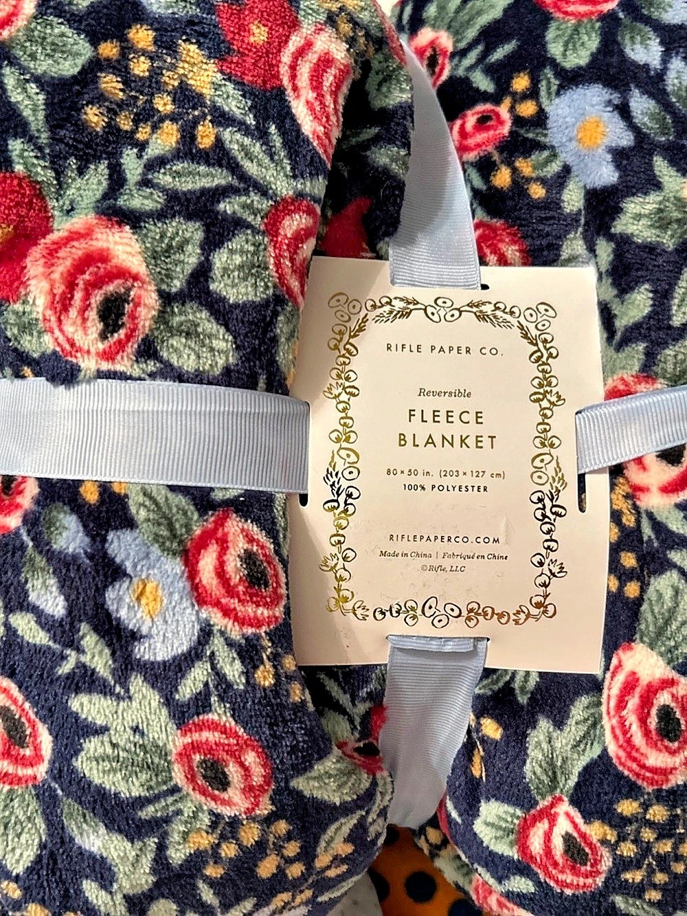Rifle Paper Co. Rosa 80”x50”Reversible Fleece Blanket. Floral Navy & Pink 100% P